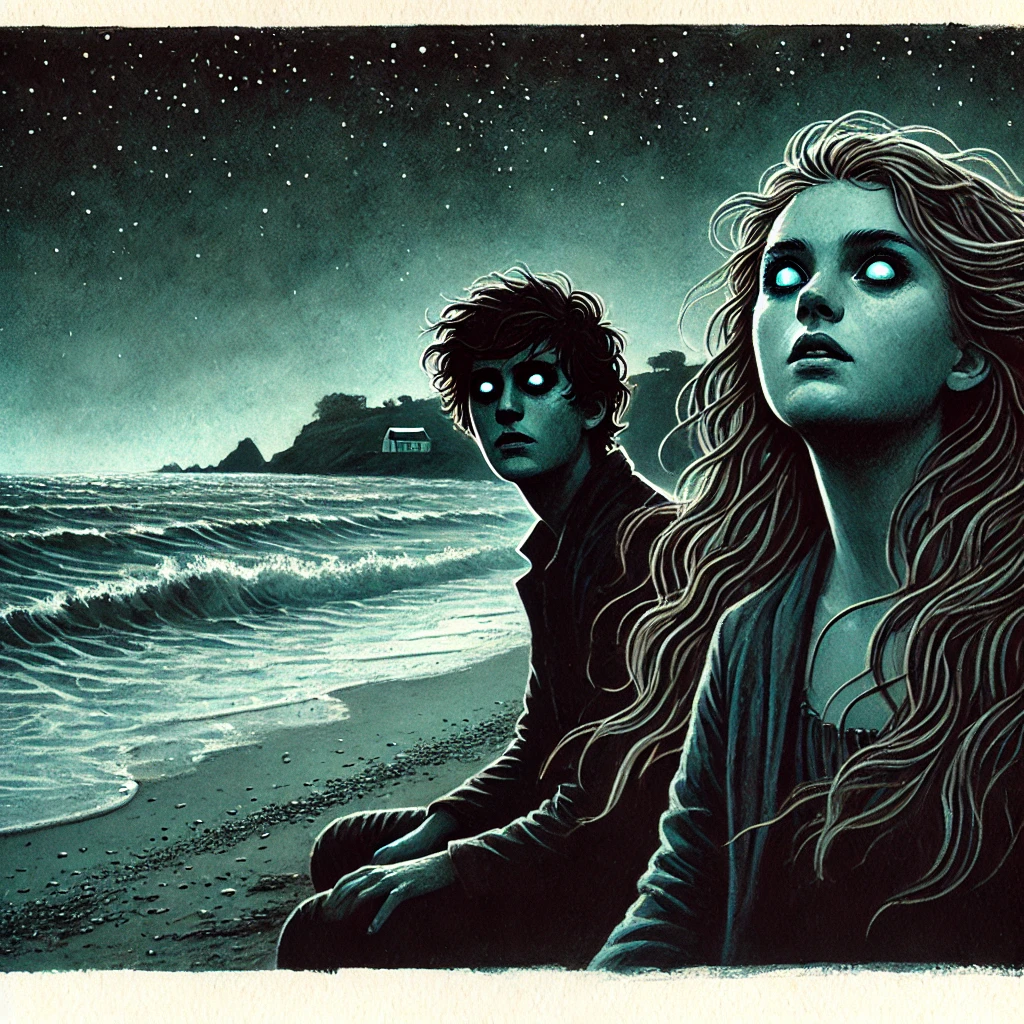 Two young people with eerie glowing eyes sit on a moonlit beach, with waves and a rocky headland behind them.