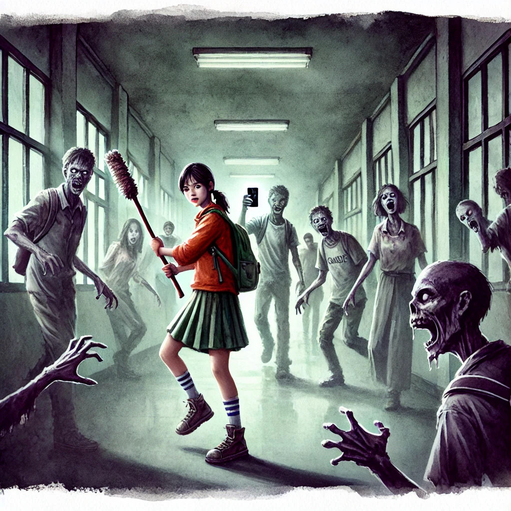 Teenage students trapped inside a high school during a terrifying zombie apocalypse, surrounded by threatening undead figures.