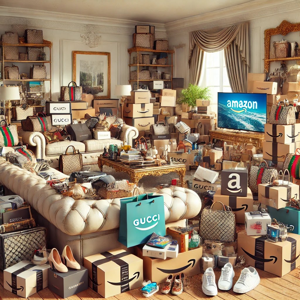 A home overwhelmed by shopping bags, parcels and possessions, illustrating the emotional struggles of hoarding in Diary of a Hoarder.