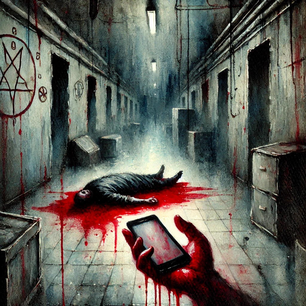 A bloodied hand holds a phone in a dim basement corridor, with a body on the floor and occult symbols on the walls.