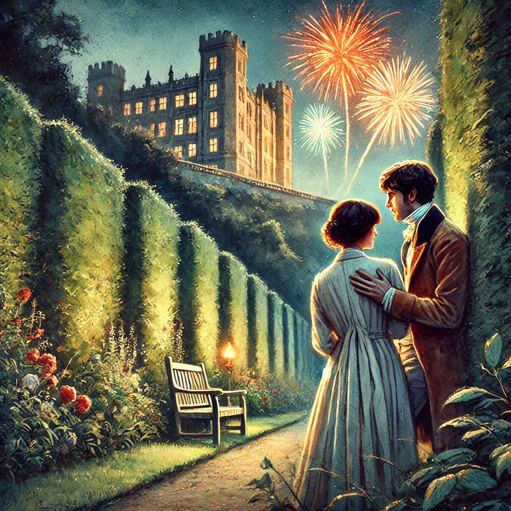 A couple embrace in a secluded castle garden as colourful fireworks light up the night sky.