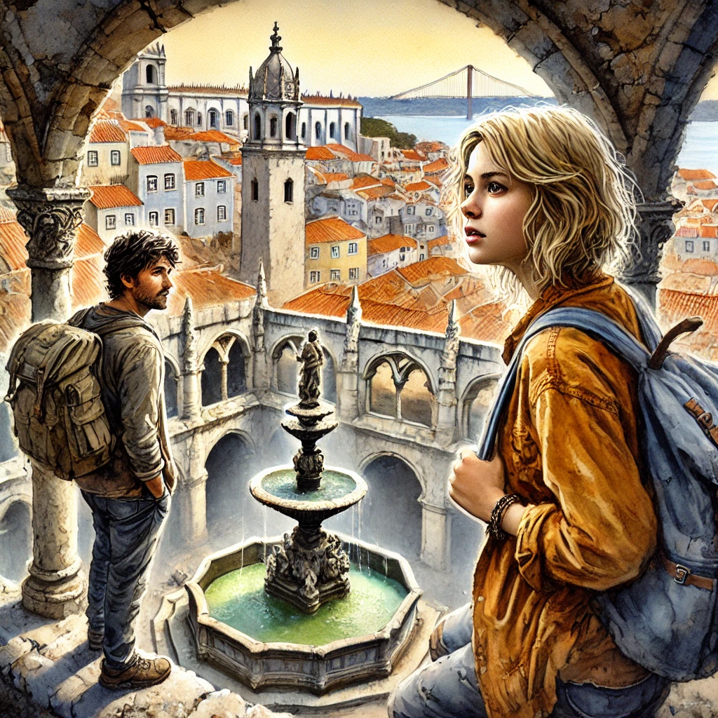 A young woman and man with backpacks stand beneath a stone arch overlooking a fountain courtyard and Lisbon’s rooftops.
