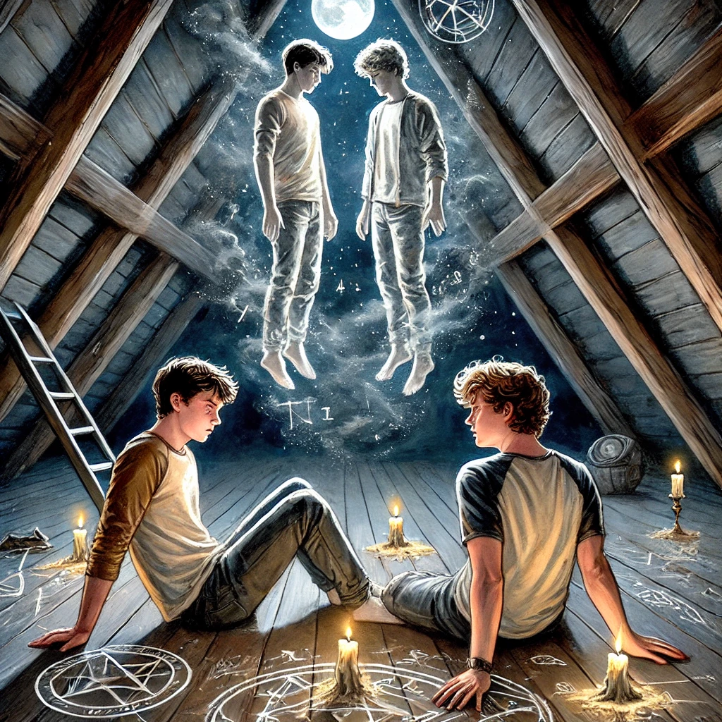 Two young men sit among candles and occult symbols in an attic as their ghostly doubles float above them.