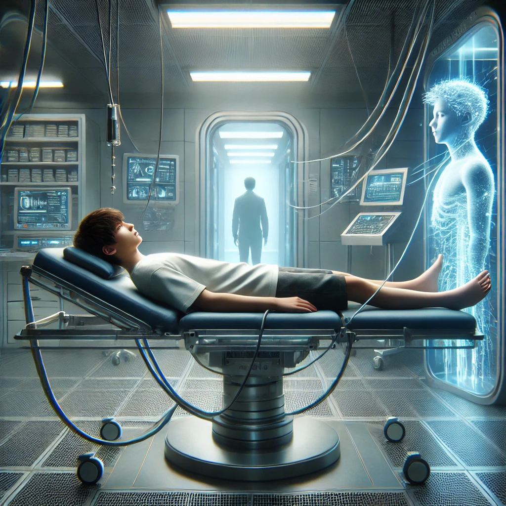 A teenager lies on a medical bed beside a glowing human figure in a futuristic laboratory.