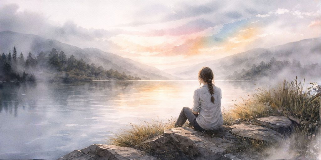 Watercolour illustration of a woman sitting quietly overlooking a calm coastal landscape, symbolising reflection and self-awareness.