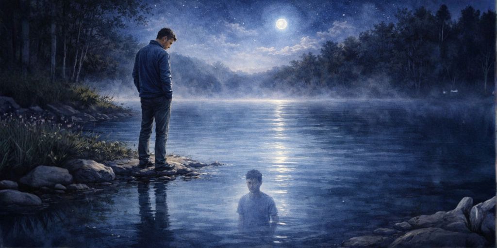 Watercolour night landscape of a man standing by a lake under moonlight, reflecting on his younger self in the water