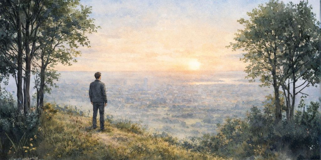 Watercolour landscape of a man standing on a cliff overlooking a city at sunrise, symbolising grounding and mental reset in nature.