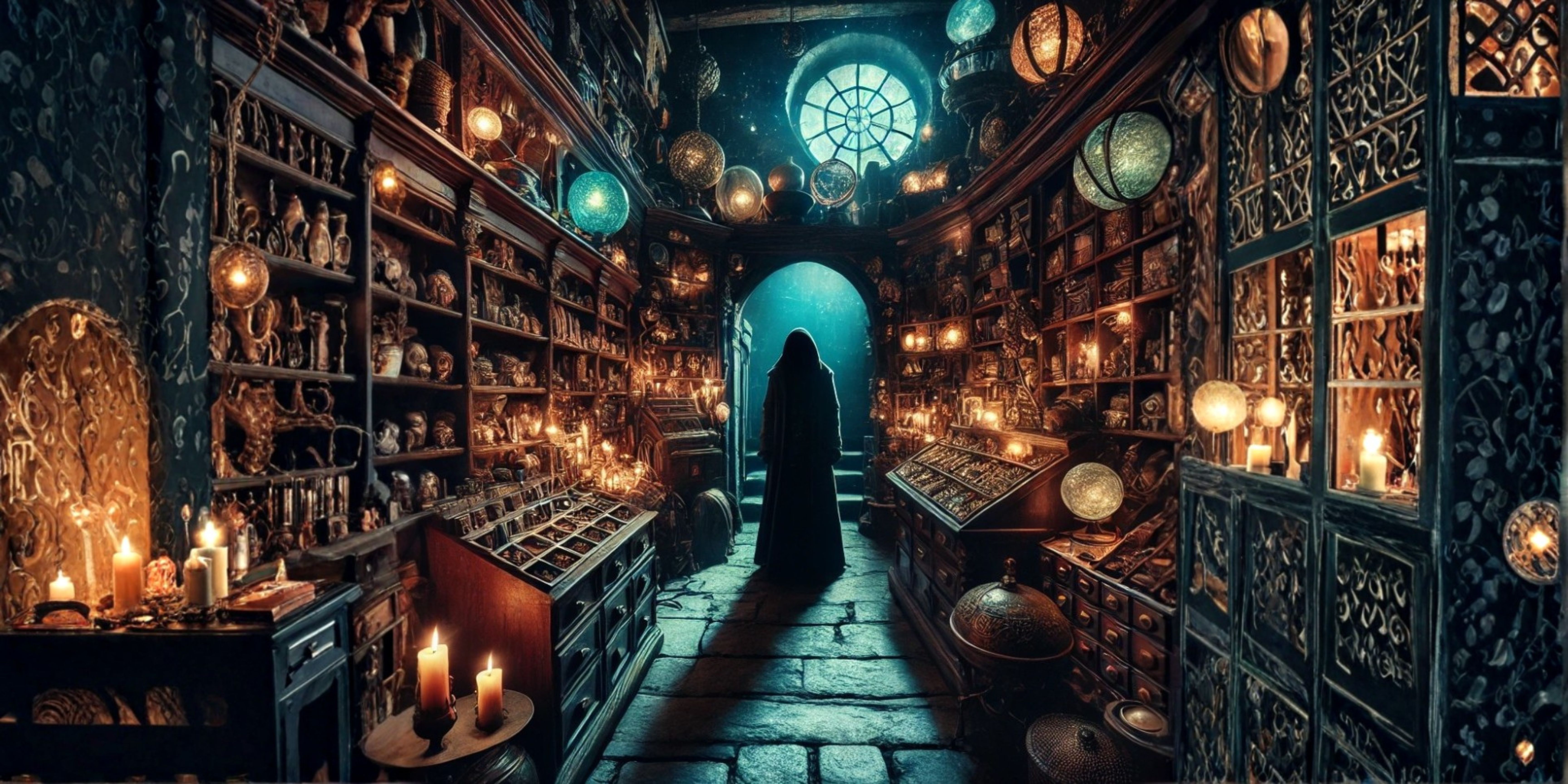 Mysterious candlelit magic shop interior with cloaked figure in a dark fantasy short story setting