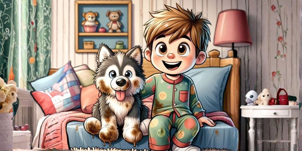 Boy sitting on bed with scruffy stuffed dog in children’s superhero bedtime story