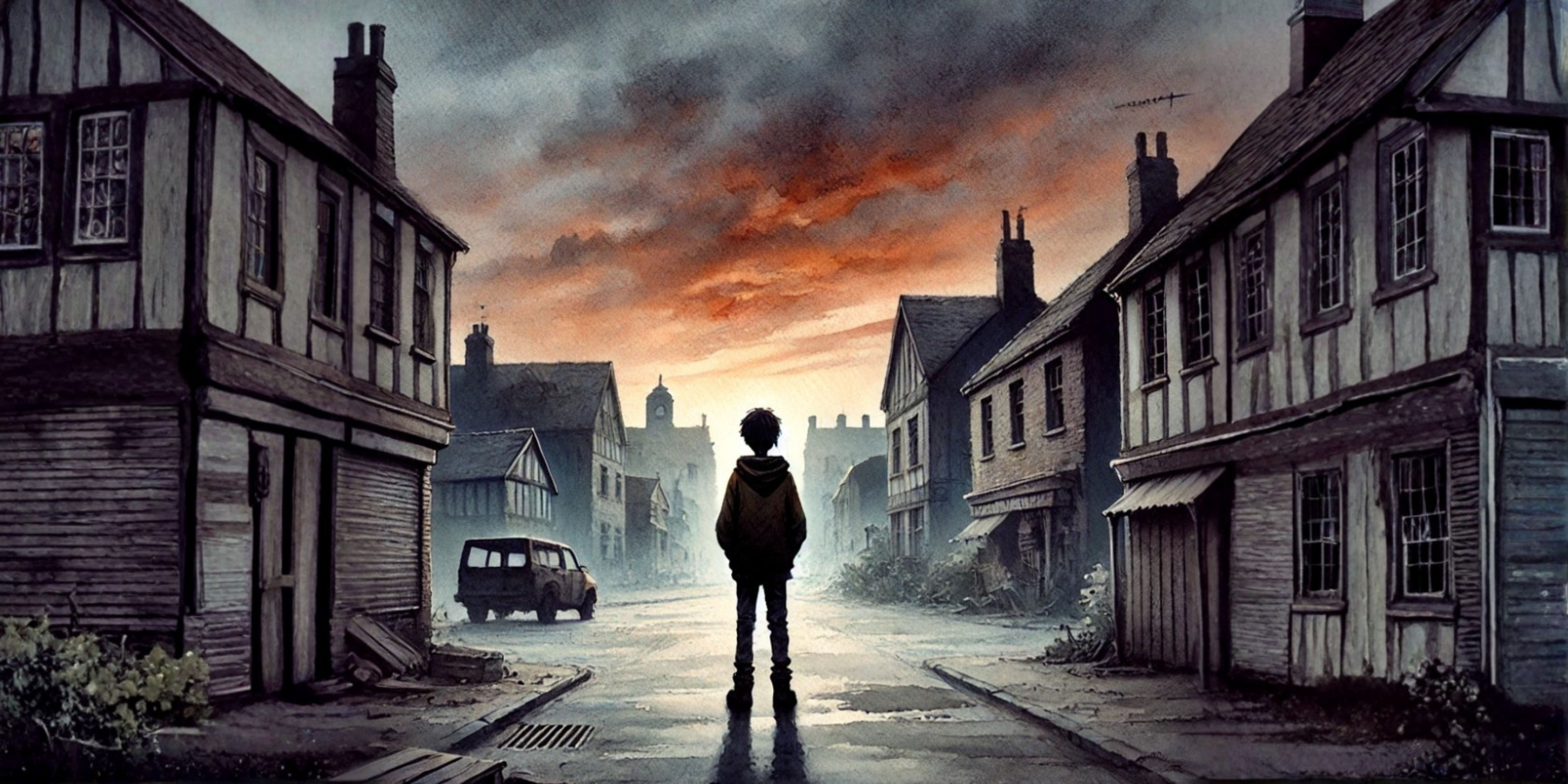 Boy standing alone in a deserted village street at sunset – dark fantasy short story illustration.