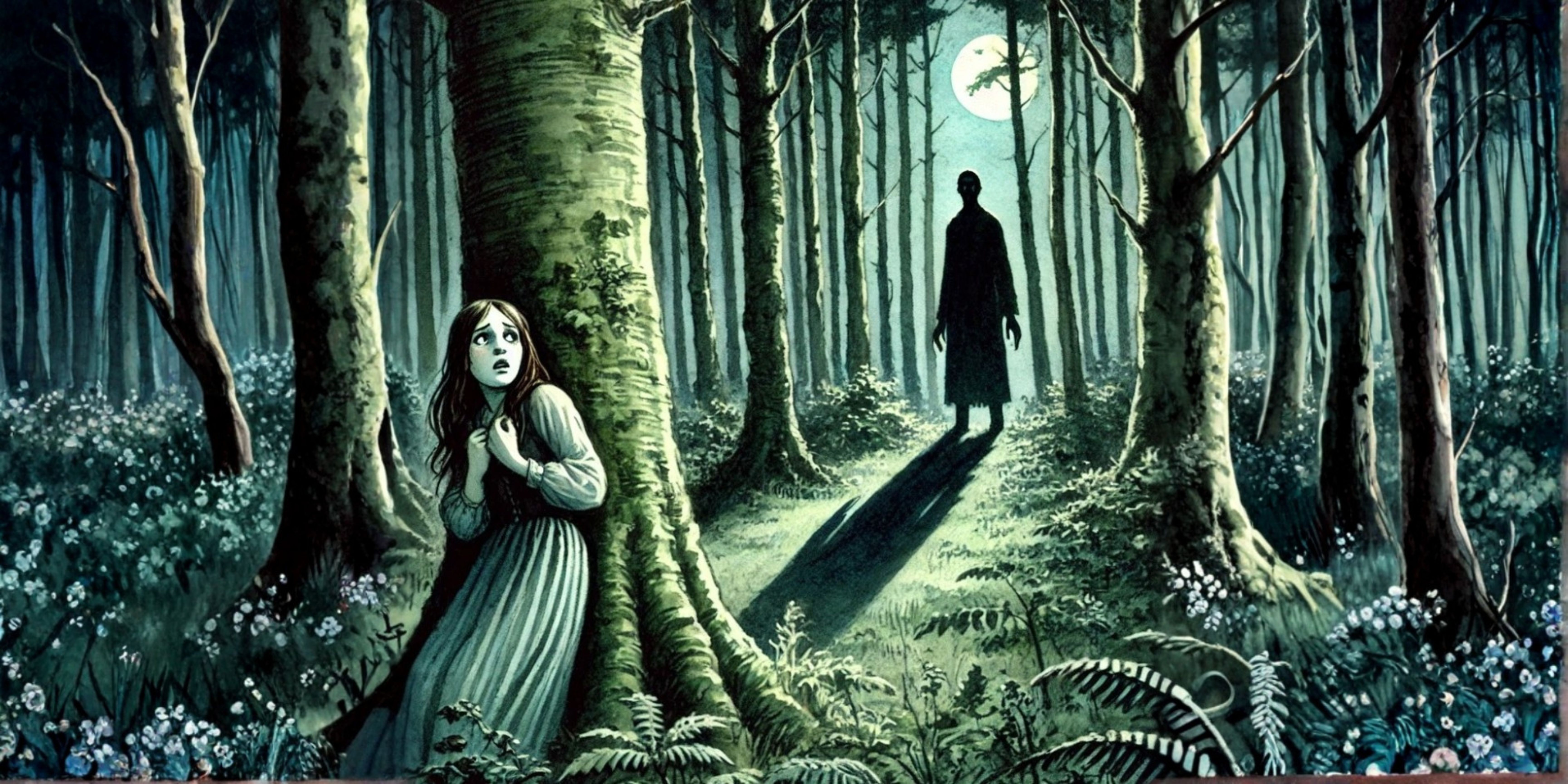 Dark forest scene with a woman hiding behind a tree while a shadowy figure stands watching in a psychological thriller setting
