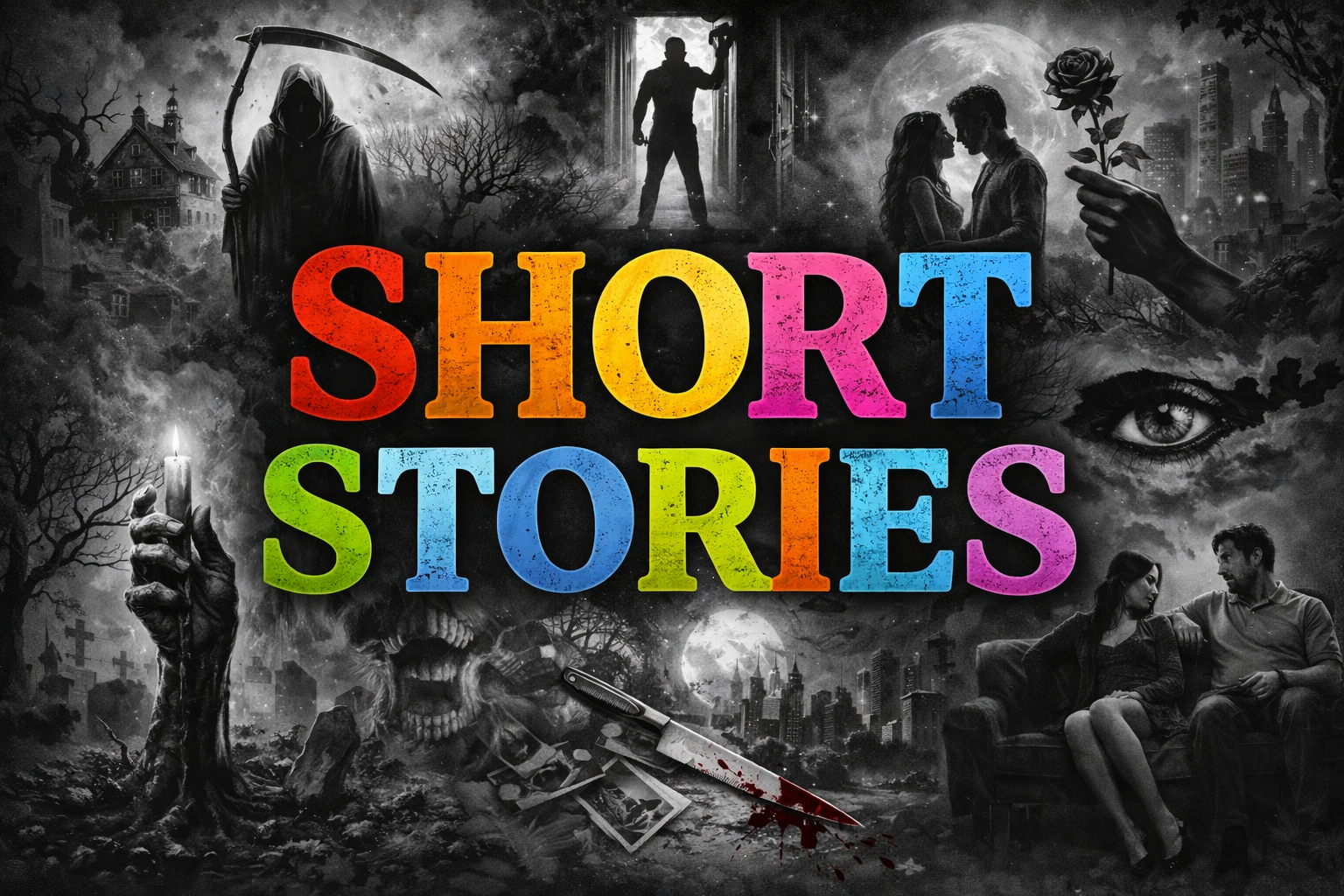 Free short stories banner showing multiple genres including thriller, romance, horror and science fiction.