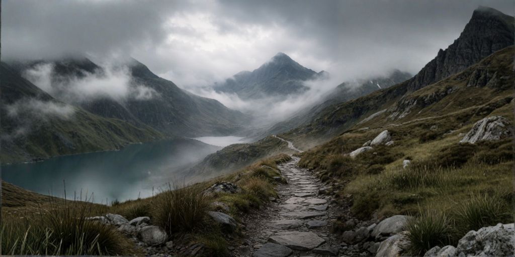 Stone path winding through misty mountains beside a calm lake, suggesting a quiet journey.