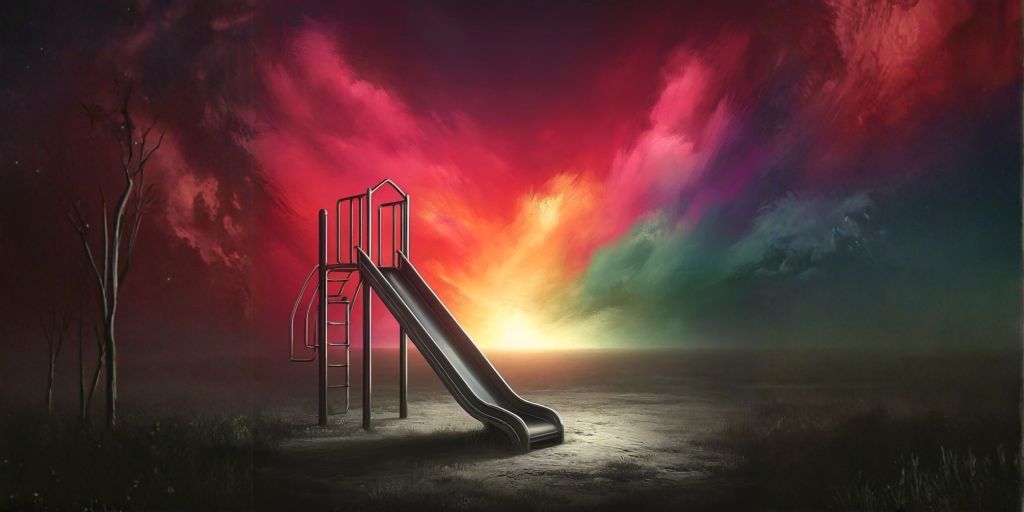 Playground slide at dusk beneath a vivid sunset sky.