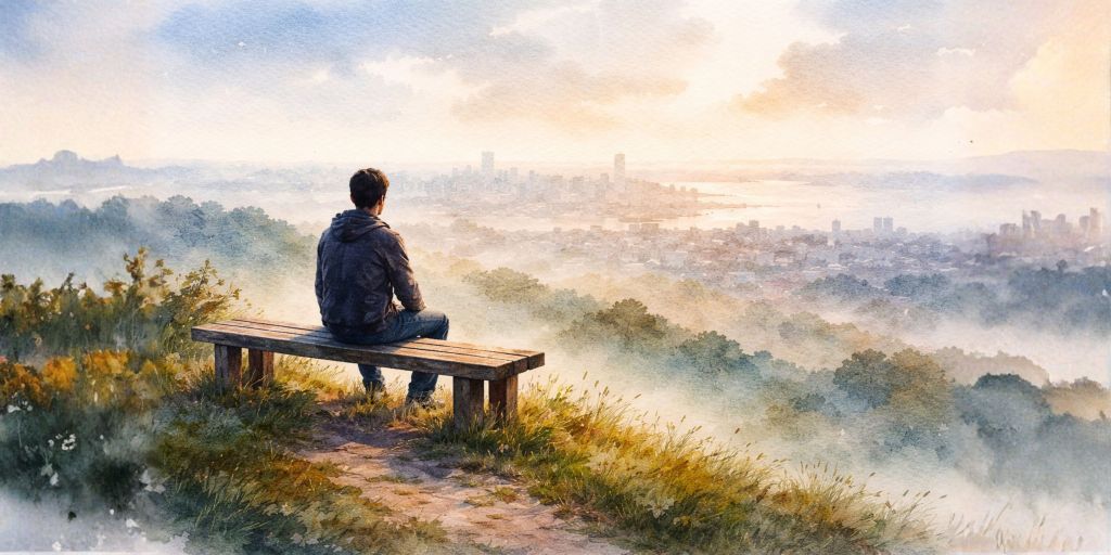 Person sitting on a wooden bench overlooking a misty city at sunrise, symbolising reflection and the importance of open conversation.