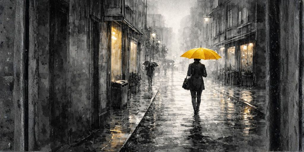 Person with a yellow umbrella walking through a rainy city street, representing how one powerful thought can change your world and mindset.