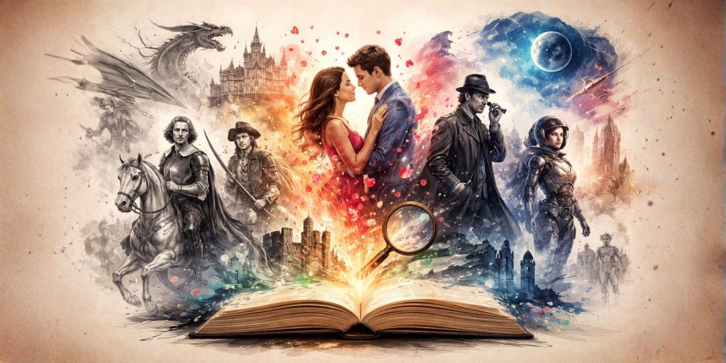 Open book with romance, fantasy, mystery and historical characters emerging from its pages, representing how your favourite book reveals your personality and mindset.