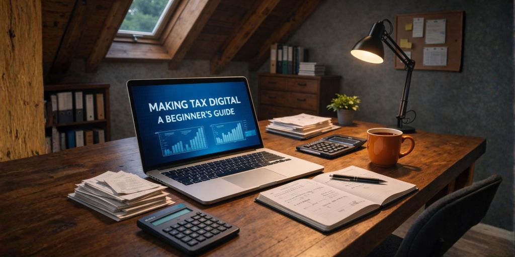 Attic home office desk with laptop showing “Making Tax Digital – A Beginner’s Guide” surrounded by receipts, calculator and paperwork.