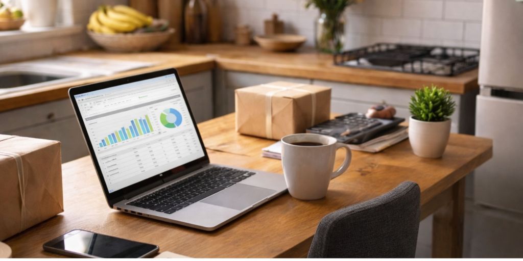 small business startup workspace with laptop packaging and analytics representing starting a small business in the UK