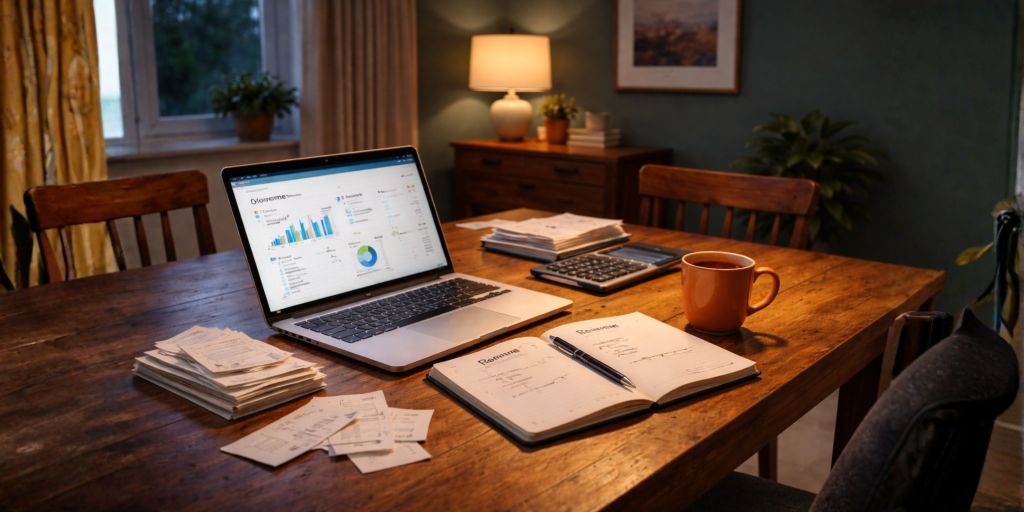 small business bookkeeping and laptop showing digital accounting software for tax reporting