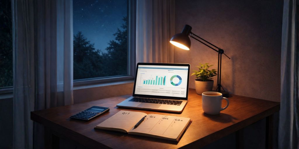 Small business tax planning in the UK with laptop, accounts and calculator