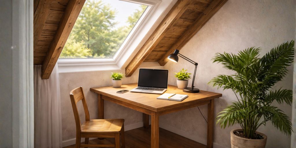 Home office workspace in a bright attic room with wooden desk and laptop representing a small home business setup