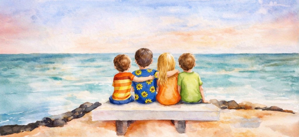 Children sitting together on a bench by the sea symbolising support, connection, and childhood development