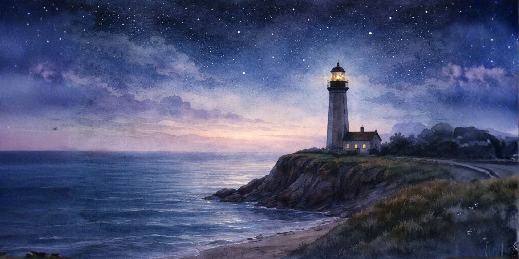 Lighthouse glowing at night by the sea, symbolising grief, loss, and finding your way after losing someone