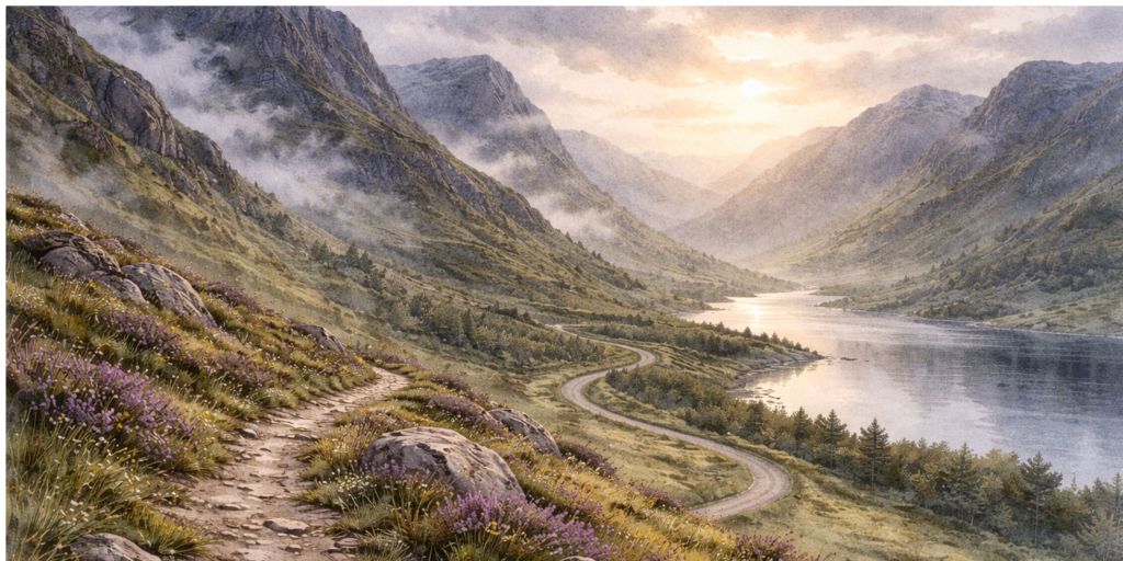 Watercolour Scottish Highlands landscape with rugged green mountains, a winding path and road beside a calm lake under soft cloudy skies, symbolising reflection, mental health, and finding your way