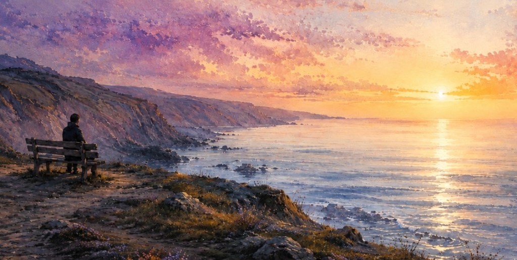Person sitting alone on a bench overlooking the sea at sunset, reflecting on grief, love, loss and memory.