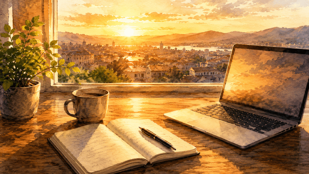 Sunlit workspace with laptop, notebook and coffee overlooking a city at sunrise