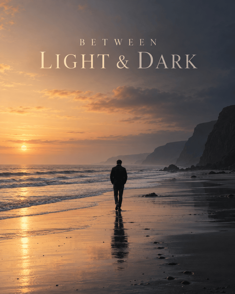 A lone man walking along a beach at sunset beneath a sky shifting from light to darkness, representing the Between Light & Dark poetry collection by J. S. Summers.