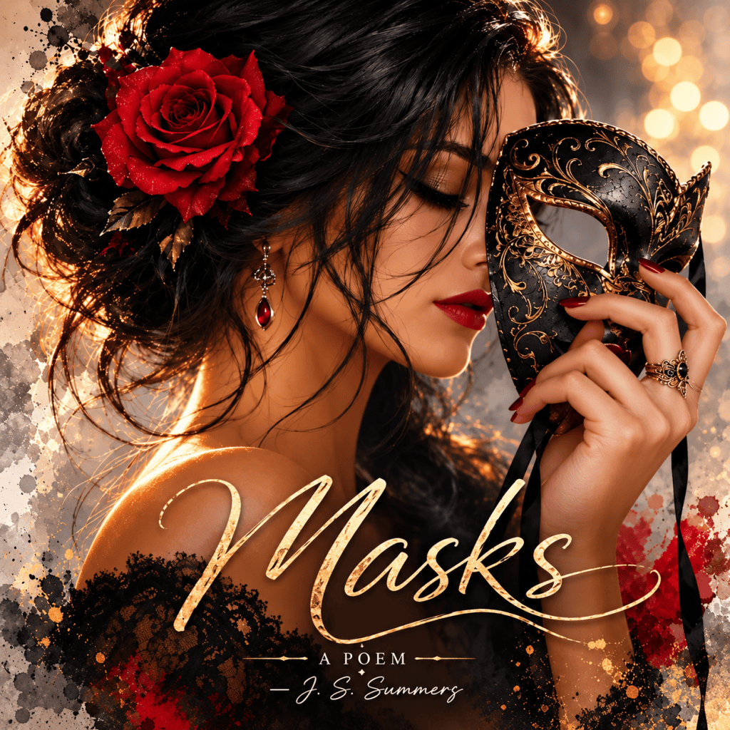 Dark-haired woman holding an ornate black and gold masquerade mask, with a red rose in her hair and the title “Masks – A Poem – J. S. Summers”.
