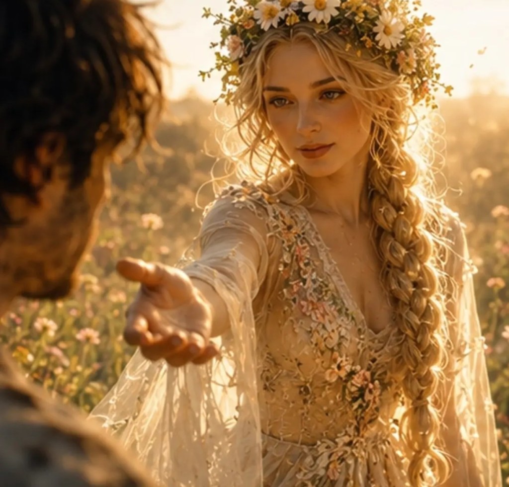 Blonde woman reaching out in a sunlit wildflower meadow, representing hope, healing and brighter days in the poem After the Storm by J. S. Summers.