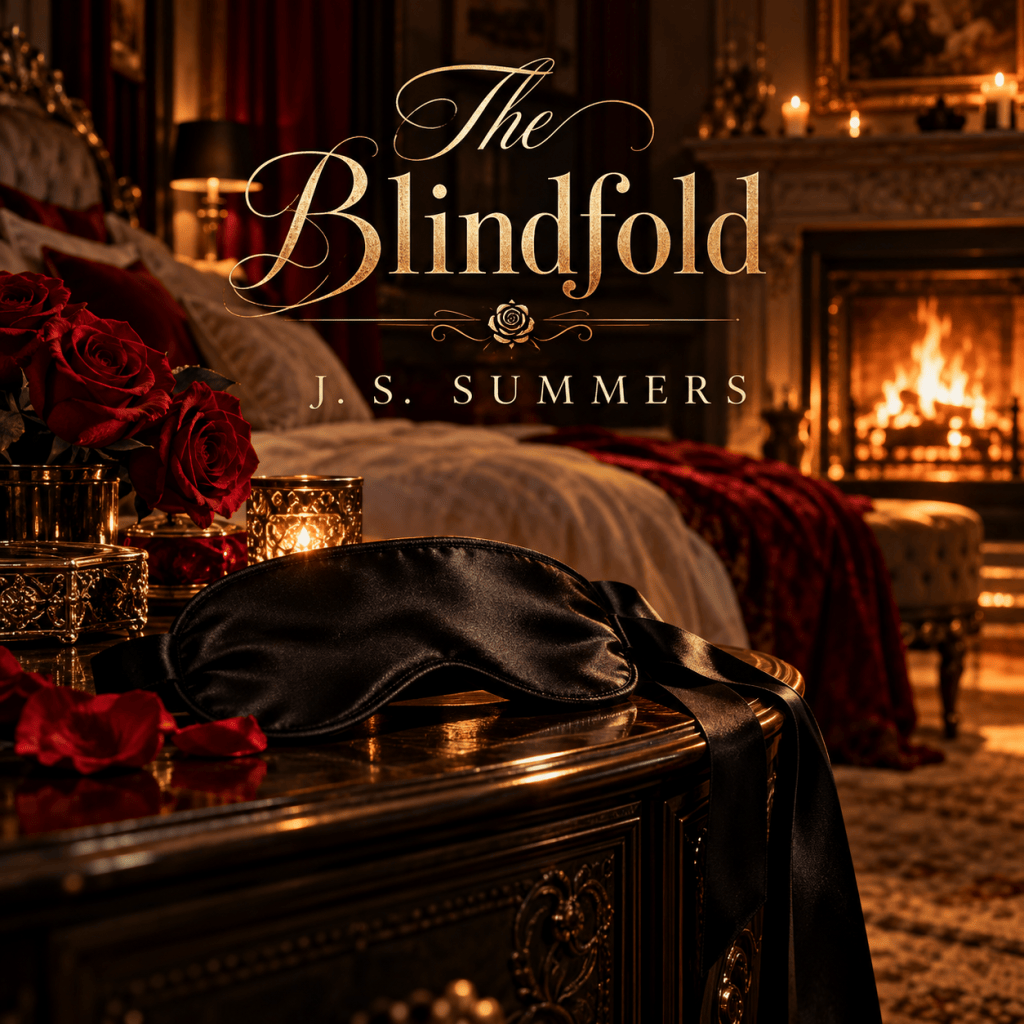 Elegant black satin blindfold resting on a luxurious bedside table beside red roses and glowing candles, with a romantic bedroom and roaring fireplace in the background. Gold lettering reads The Blindfold by J. S. Summers.