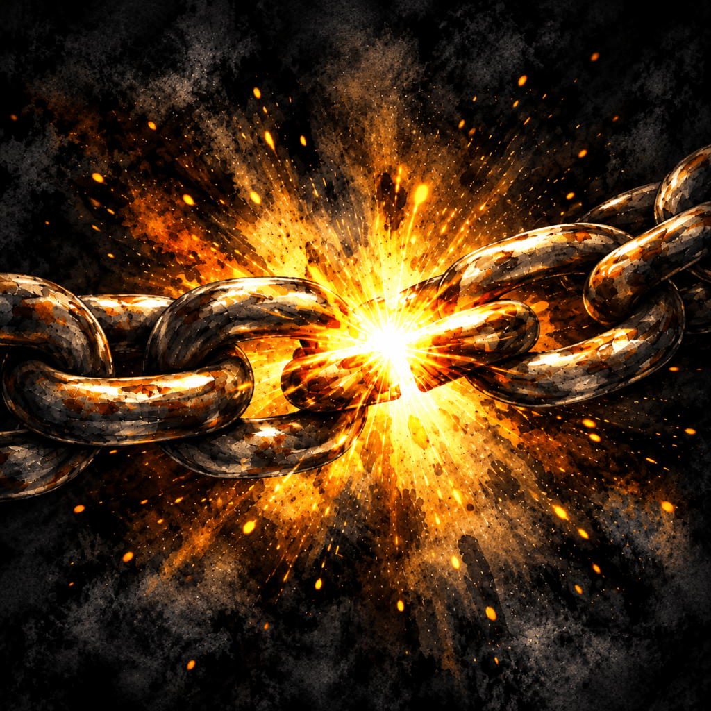 Broken chains opening towards the light, representing fear, freedom and resilience in the poem Broken Chains by J. S. Summers.