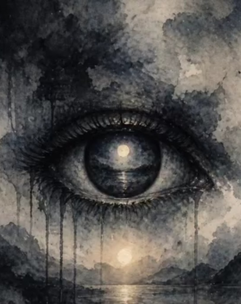 Dark surreal artwork of an eye above water, representing overwhelming thoughts and mental health struggles in I Just Want to Scream.
