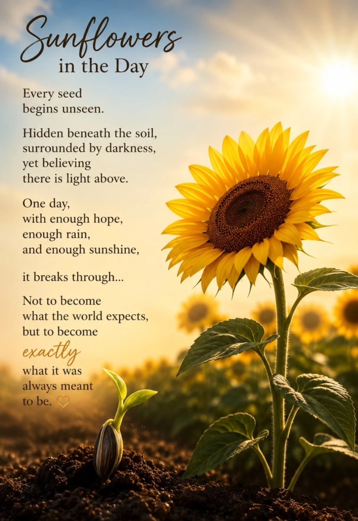Sunflowers in the Day poem by J. S. Summers, featuring sunflowers glowing in the warmth of daylight.