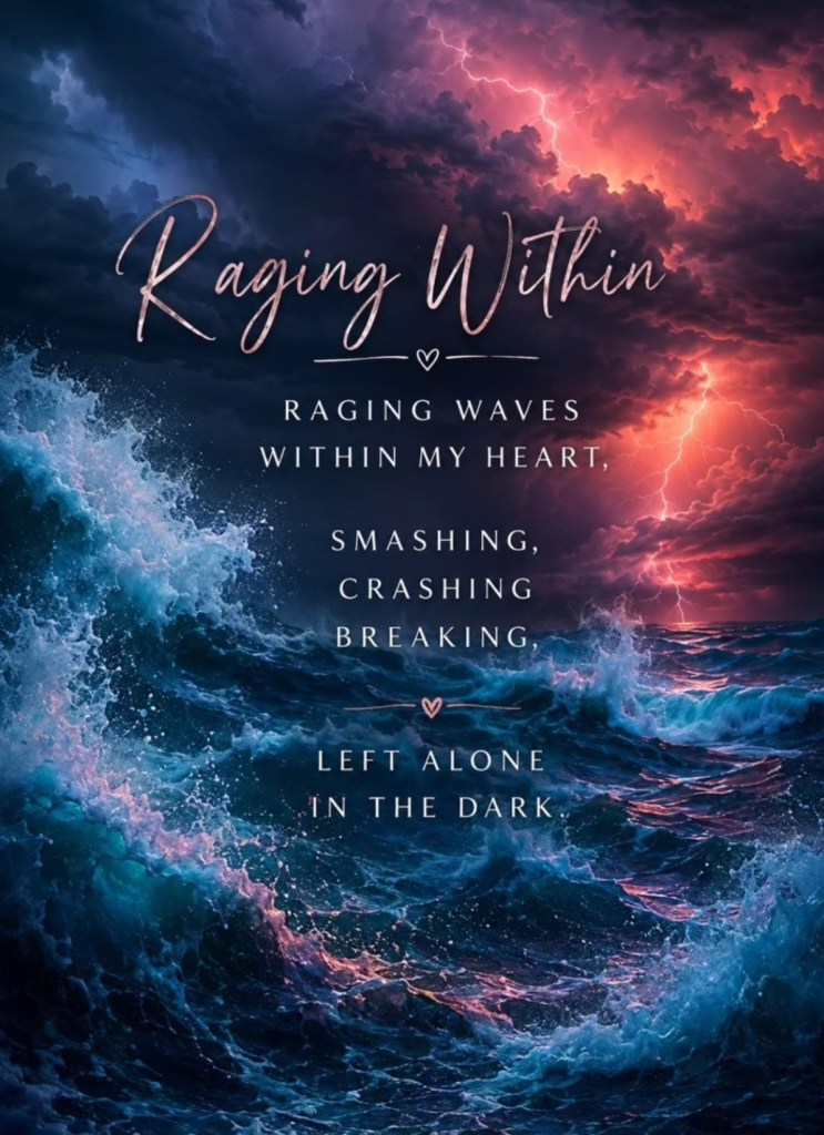 Stormy ocean waves beneath lightning-filled skies, symbolising inner turmoil and emotional struggle in the poem Raging Within.