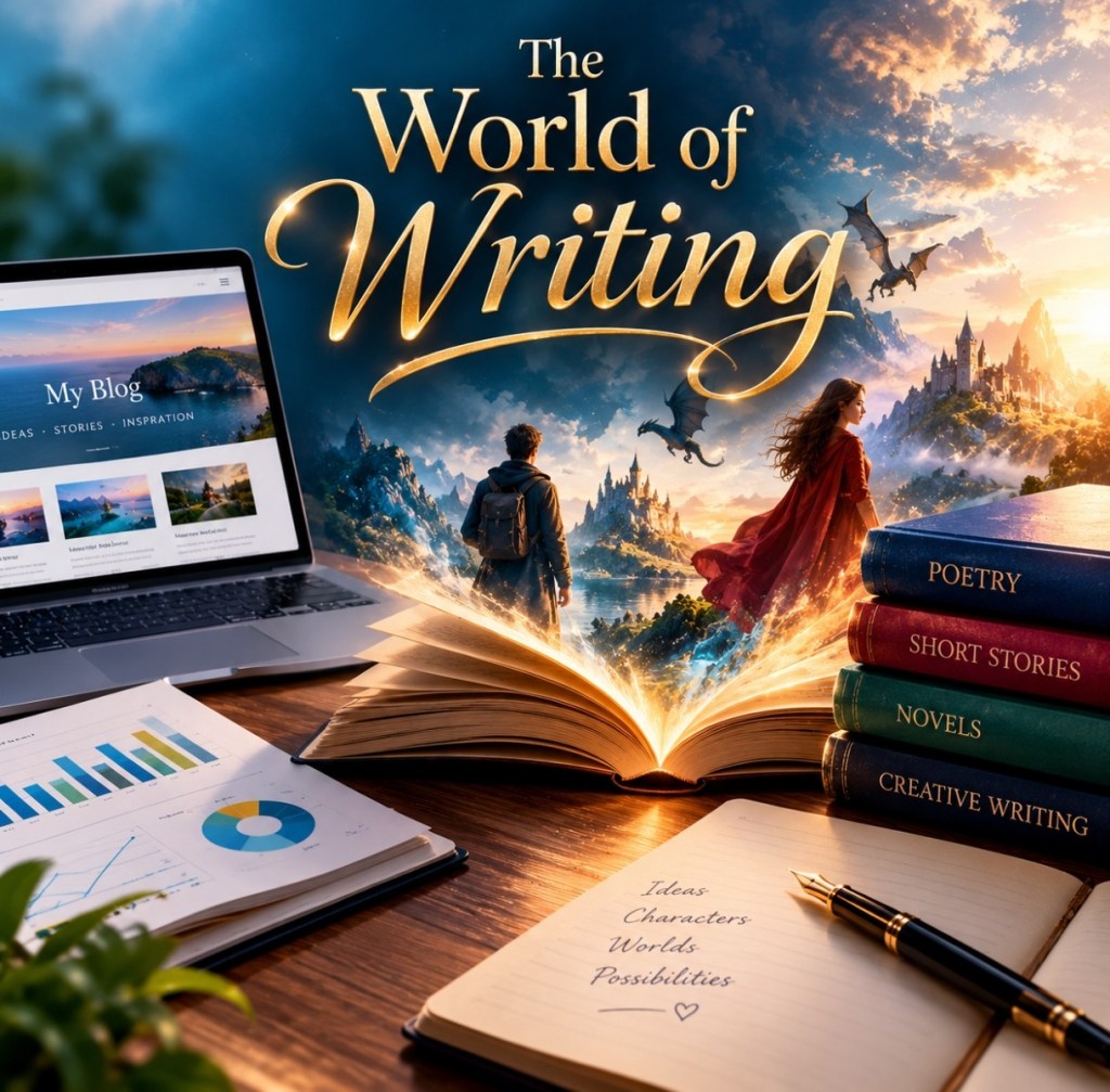 The World of Writing illustration featuring a glowing open book, fantasy characters, dragons, a blogging laptop, charts and books about poetry and novels.