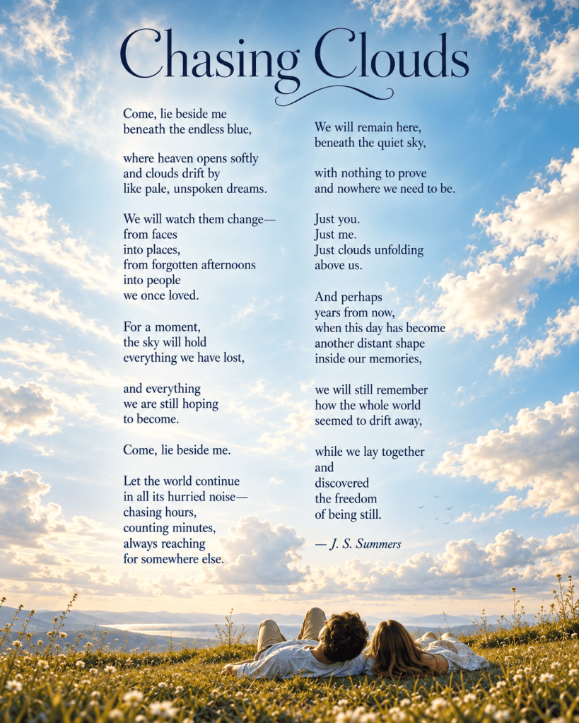 A couple lying together in a peaceful wildflower meadow, watching white clouds drift across a beautiful blue summer sky.