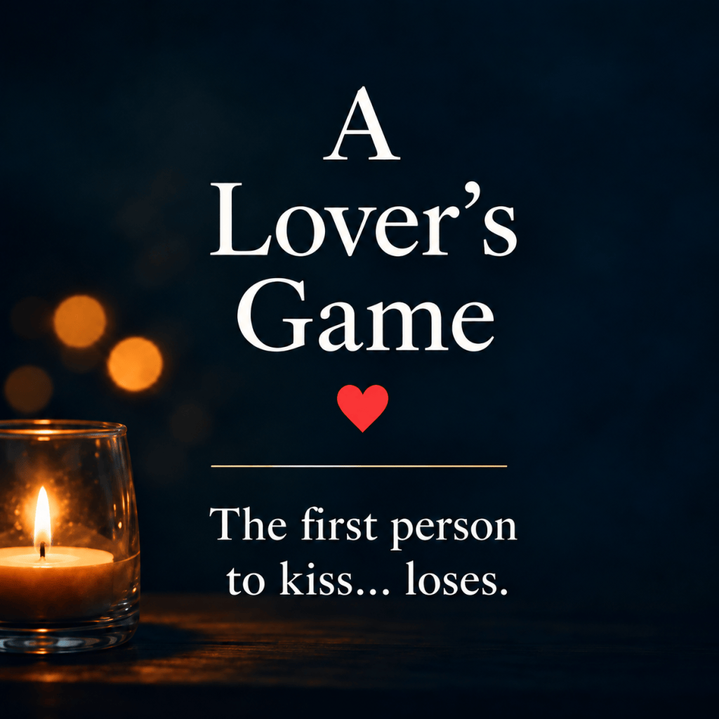 A Lover's Game romantic poem by J. S. Summers, featuring a glowing candle, dark blue background and a playful invitation to a kissing game.