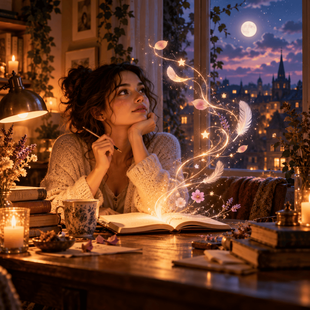 Young woman finding inspiration for poetry at a candlelit writing desk, with glowing feathers, flowers and stars rising from an open notebook.