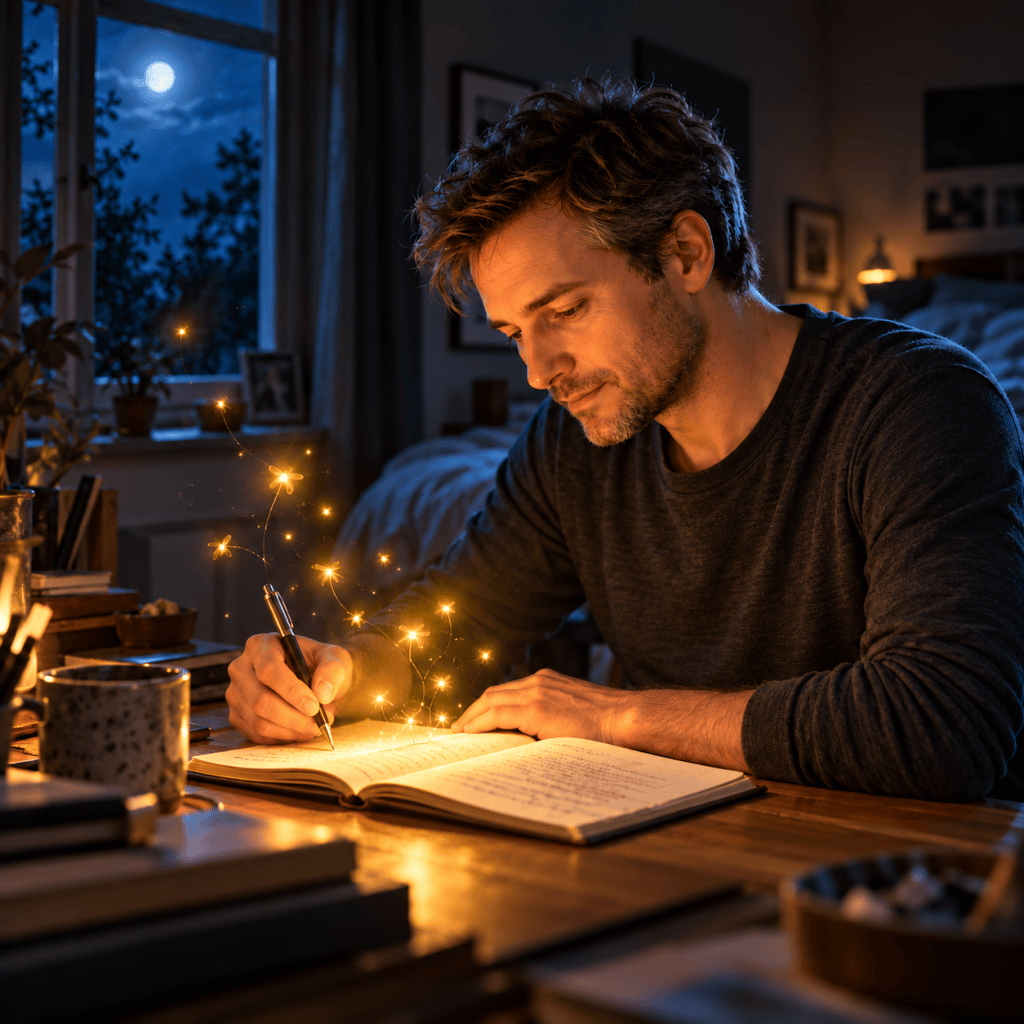 Man writing in a notebook at night, surrounded by magical golden sparks, with a moonlit window behind him.